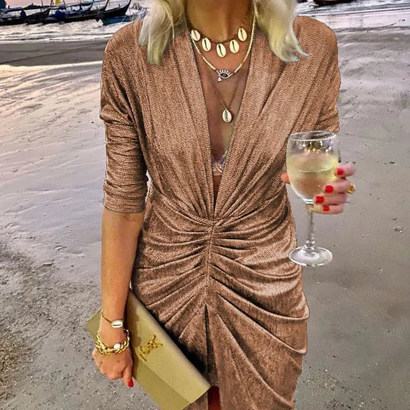 Elegant Bright Silk Long Sleeve Ruched Mini Dress Women Sexy Deep V Slit Night Club Party Evening Dress Female Autumn Vestidos Rose Gold