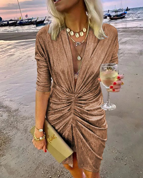 Elegant Bright Silk Long Sleeve Ruched Mini Dress Women Sexy Deep V Slit Night Club Party Evening Dress Female Autumn Vestidos Rose Gold