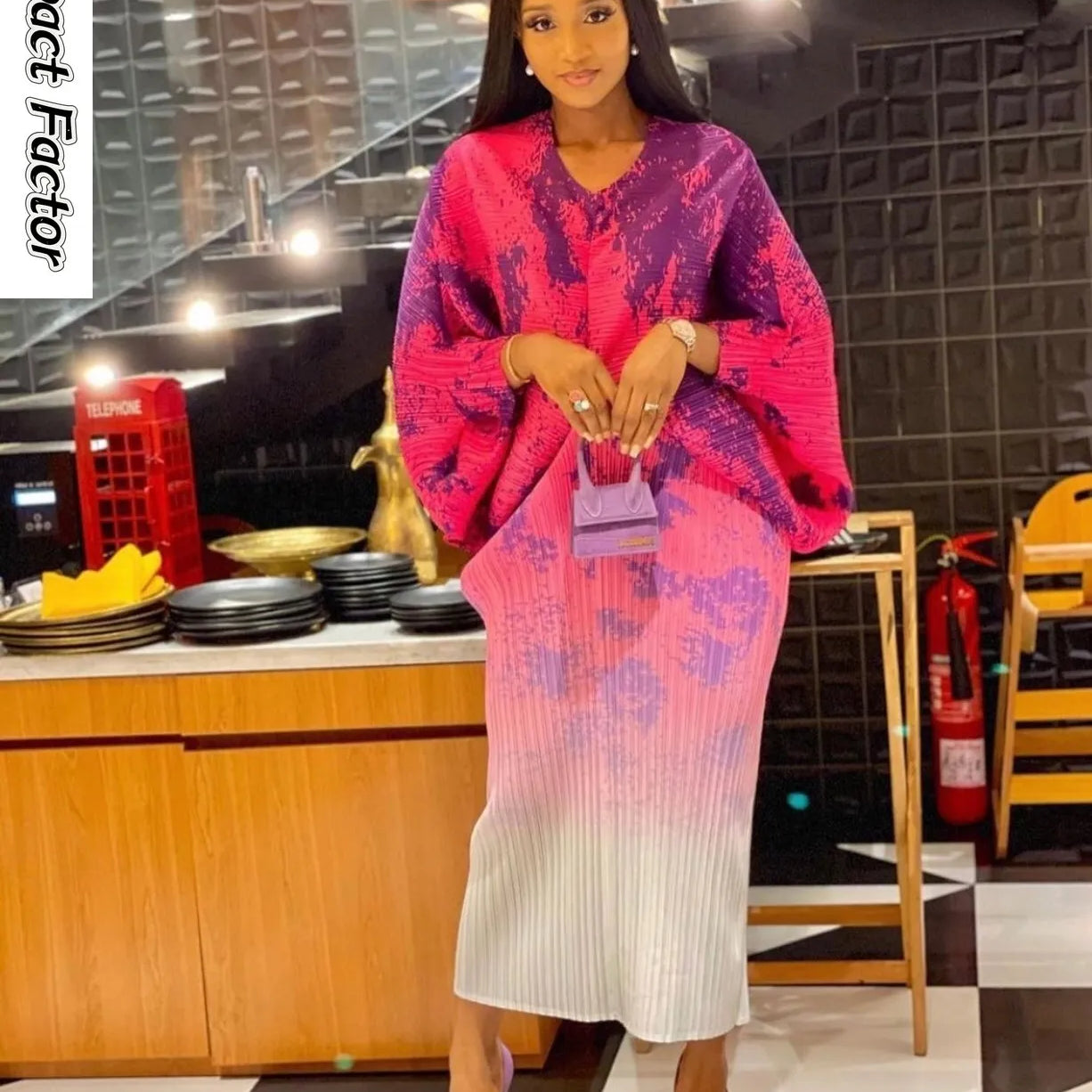 Spring Print Pleated Skirt/Holiday Party Temperament Loose Bat S Sleeve Dress Factory Spot