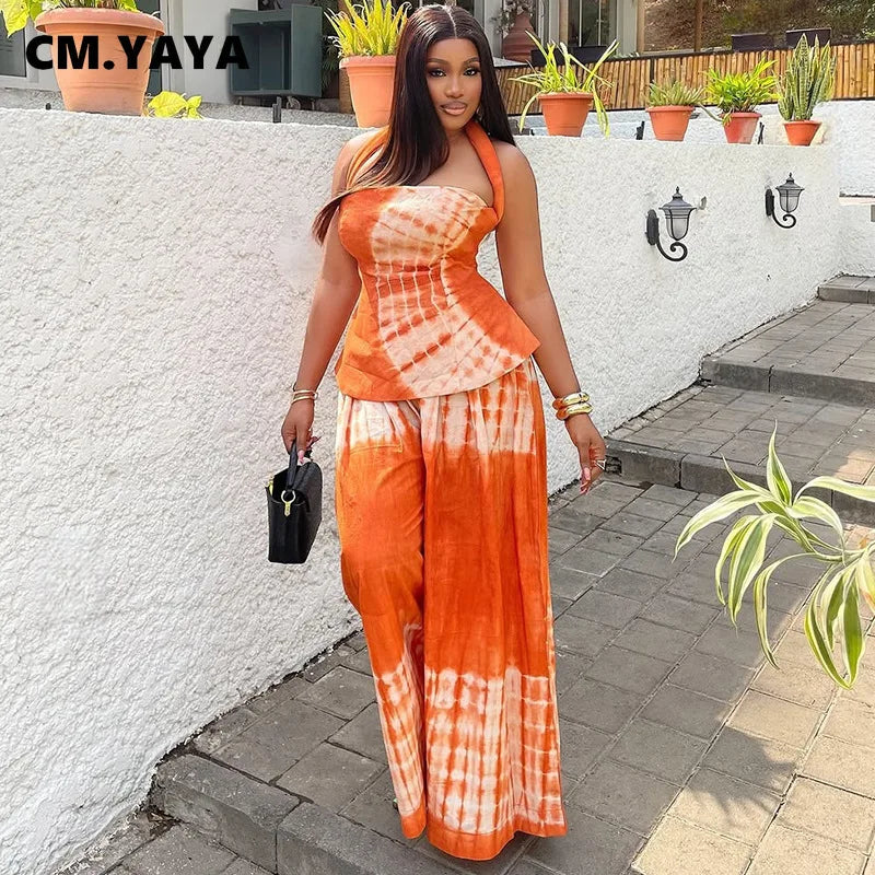 CM.YAYA Fashion Tie Dye Printed Women's Set Halter Neck Crop Top and Loose Wide Leg Pants 2025 Two 2 Piece Sets Outfit Tracksuit