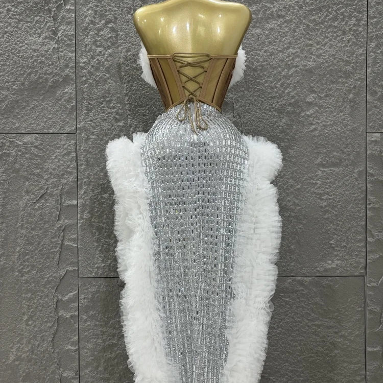 STOCK Women Sexy Mesh Ruffles 2 Pieces Laced-up Ball Gown Long Dress Fashion Nightclub Party Performance Costume Stage Wear