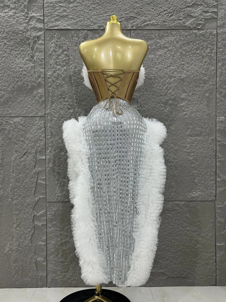 STOCK Women Sexy Mesh Ruffles 2 Pieces Laced-up Ball Gown Long Dress Fashion Nightclub Party Performance Costume Stage Wear