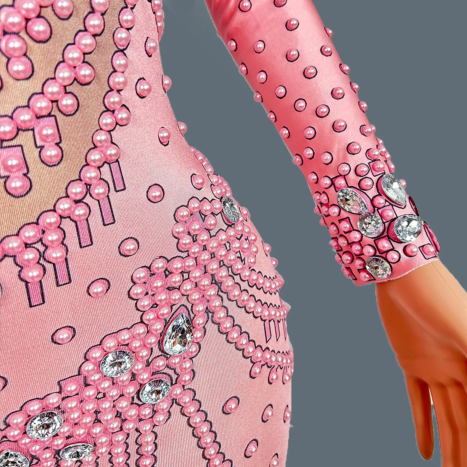 Luxury Rhinestones Long Sleeve Bodycon Pink Jumpsuit Sexy Singer Stage Show Spandex Costume Black Girls Club Jumpsuit Fensehuiyi