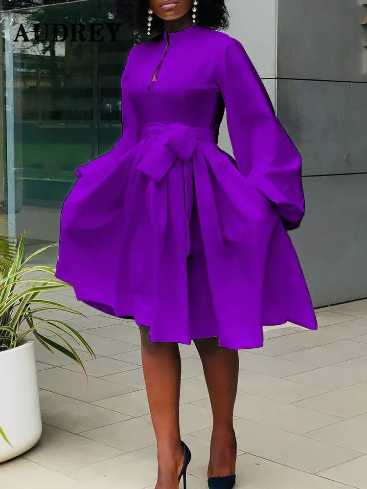 5XL Elegant Women White Yellow Dress Fashion Casual Solid Lantern Long Sleeve African Dress Office Ball Gown Vestidos Plus Size