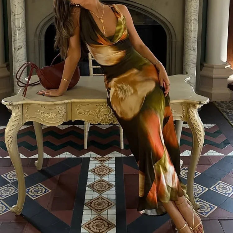 Vestido longo feminino com estampa tie-dye e babados, elegante, gola redonda, slim fit, costas abertas, sexy, vestidos de festa para o verão 2025