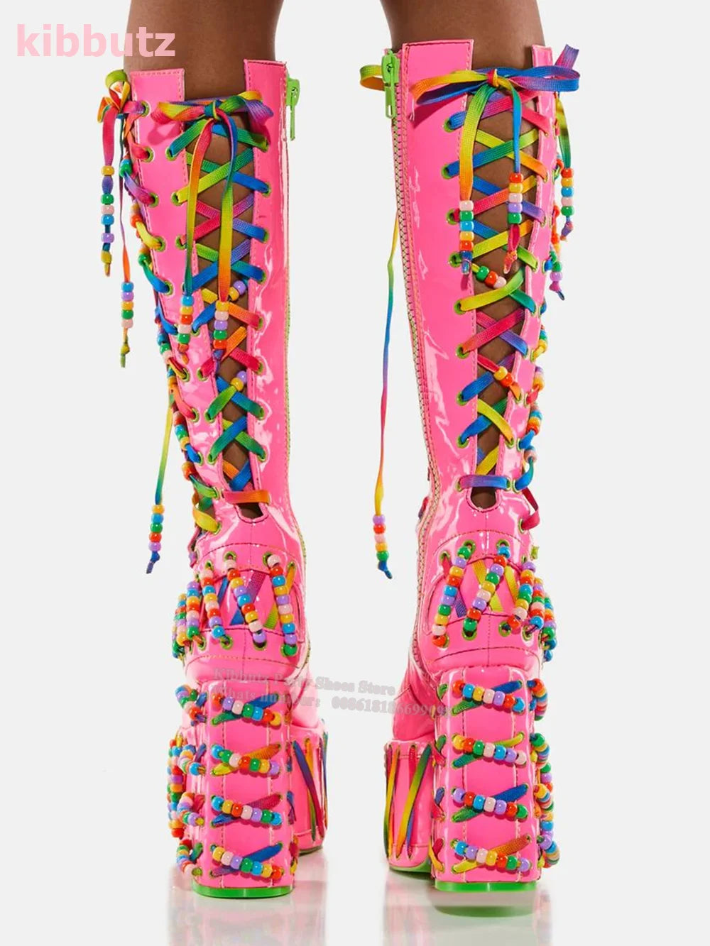 Round Toe Square Heel Platform Knee-High Boots Mixed Color Cross-Tied Patent Leather Side Zipper Super High Sexy Shoes Hot Girls