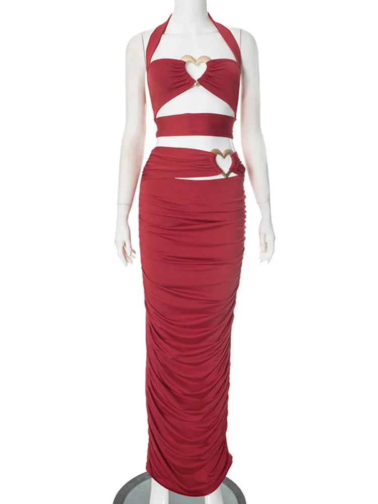 Sexy Slim Hollow Out Skirt Two Pieces Sets For Women Love Metal Buckle Halter Tops And Long Skirt Two Pieces Sets