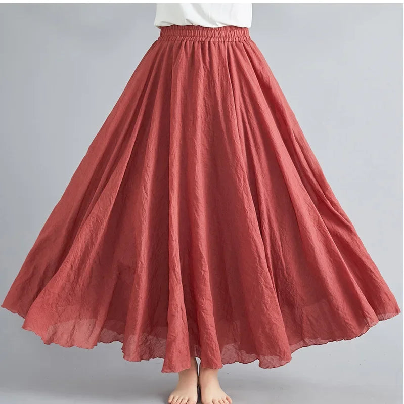 Fashion Cotton Linen Clothes Women Skirts Maxi Y2k Elegant Beach Saia Ropa Mujer Casual Vestido Boho Long Skirt Faldas Harajuku Rust red