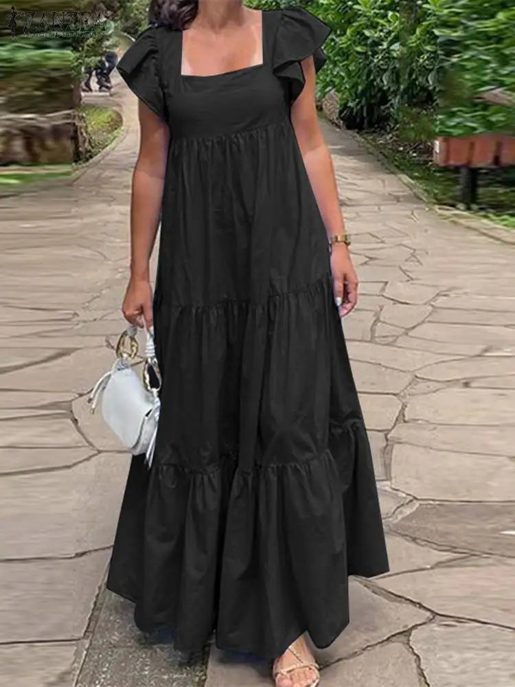 Fashion Summer Ruffles Holiday Dress Women Square Neck Short Sleeve Casual Sundress Solid Beach Vestido Robe Femme black