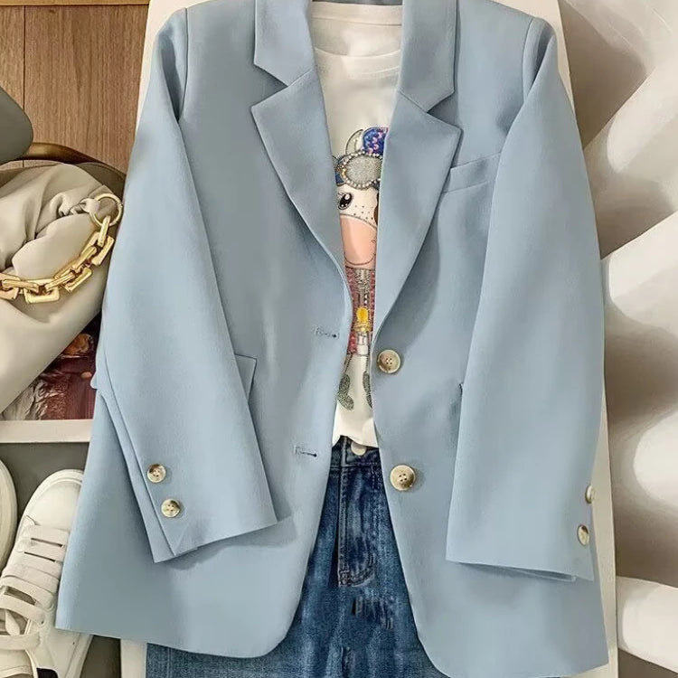 Spring Blazer Women Casual Loose Coat Long Sleeved Top Elegant Jackets Outwear for Office Lady Women Official Clothing Blue