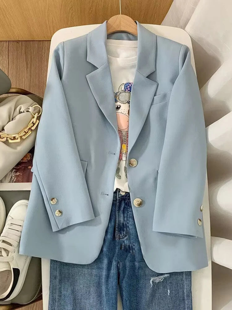 Spring Blazer Women Casual Loose Coat Long Sleeved Top Elegant Jackets Outwear for Office Lady Women Official Clothing Blue
