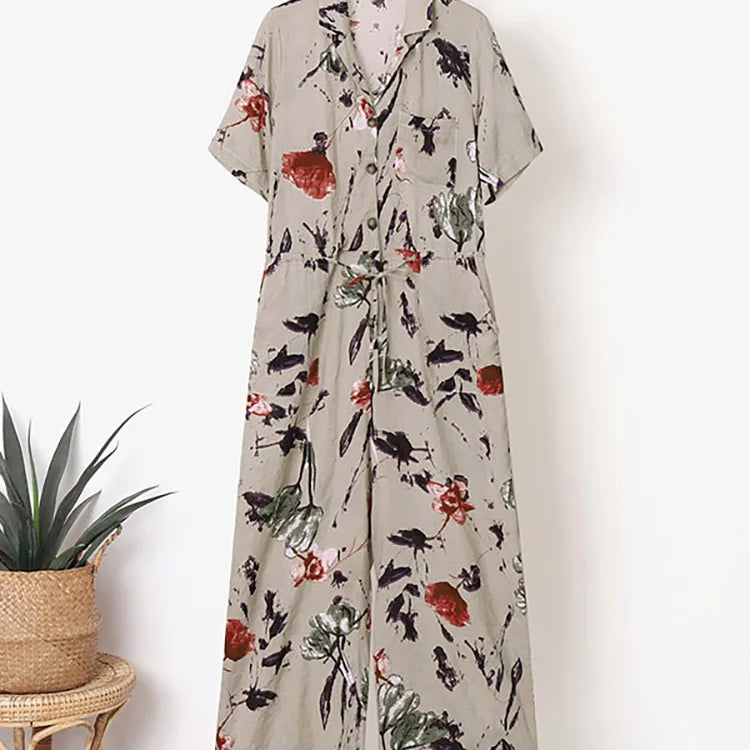 Summer Women Jumpsuits Casual Lapel Neck Short Sleeve Long RompersVintage Floral Print Wide Leg Overalls Loose Playsuits