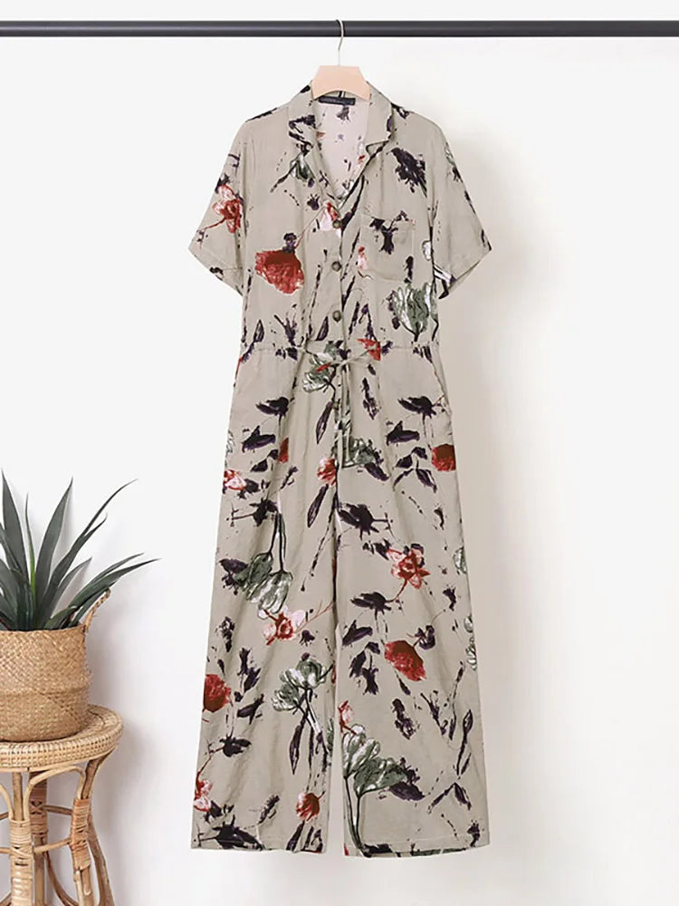 Summer Women Jumpsuits Casual Lapel Neck Short Sleeve Long RompersVintage Floral Print Wide Leg Overalls Loose Playsuits
