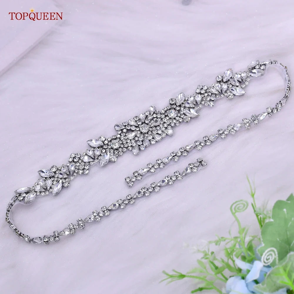 TOPQUEEN New Style Bridal Belt Silver Fancy Rhinestone Women Wedding Dress Accessories Satin Ribbon Belt S51 Applique no ribbon