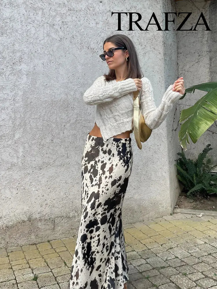 TRAFZA Spring Women Fashion Skirts Trend Printing Slim Long Skirt Woman With Folds Versatile High Street Female Skirts