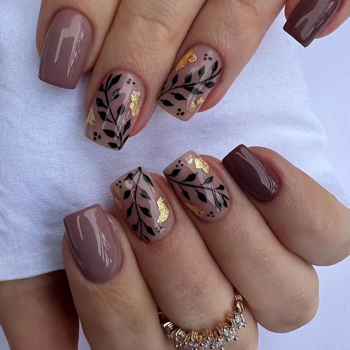 24 peças de unhas postiças com glitter e folhas, com desenhos de rosas simples, aplique de balé, remendo para unhas postiças, acabamento usável, cobertura total das pontas das unhas