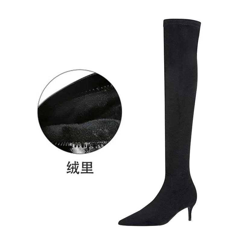 Women Winter Boots Slim High Heel Suede Stretched Over Knee Long Boots Sexy Pointed Down Thigh Long Botas Fashion Black velvet