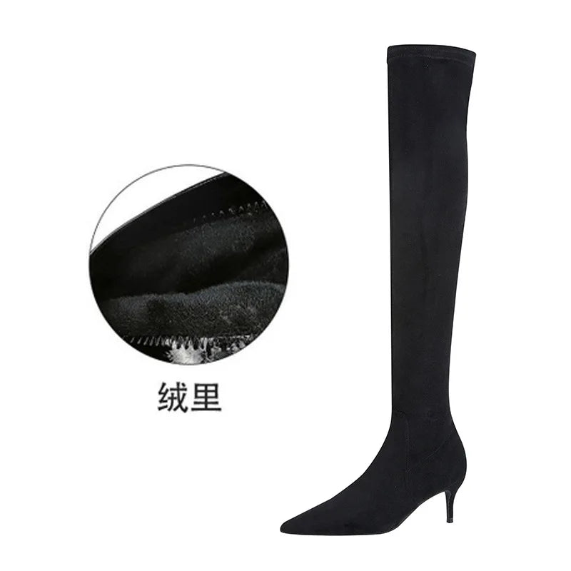 Women Winter Boots Slim High Heel Suede Stretched Over Knee Long Boots Sexy Pointed Down Thigh Long Botas Fashion Black velvet