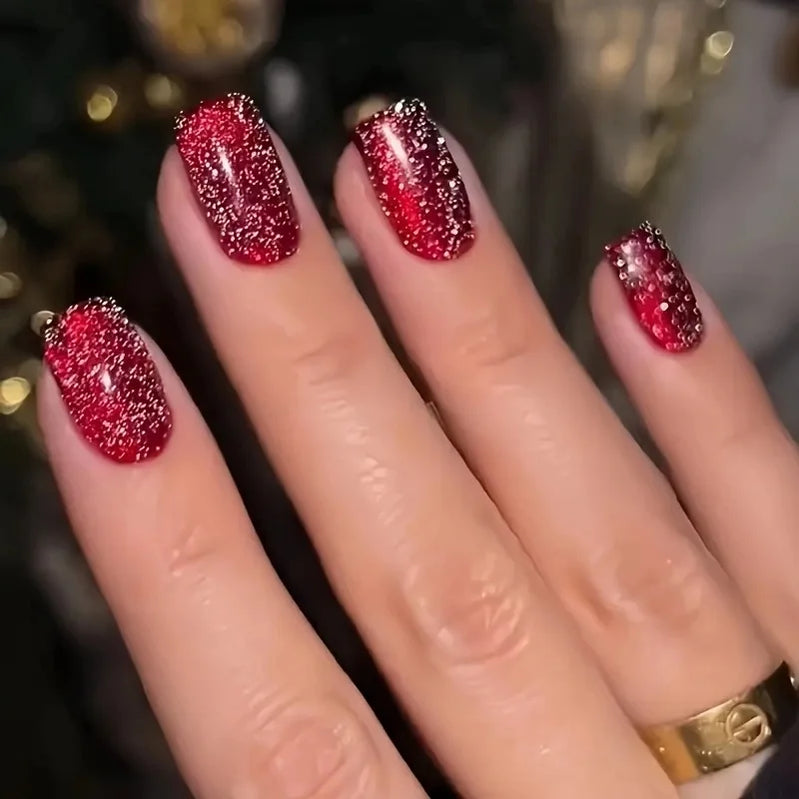24pcs/set short medium fake nails square ballet tips new year red gradient colors with glitters faux ongles press on false nail