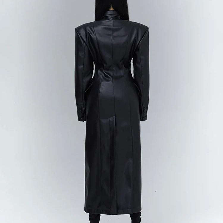 Spring Autumn Long Black Fitted Soft Pu Leather Trench Coat for Women with Shoulder Pads Luxury Designer Clothing 2023