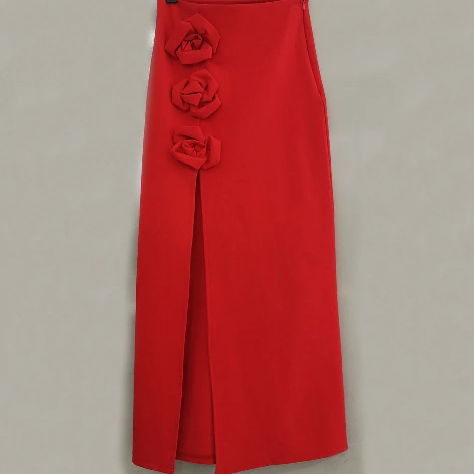 French Sexy Red High Waist Long Skirt Women's High-Grade Split Three-Dimensional Rose Light Luxury Maxi Skirts Faldas Red