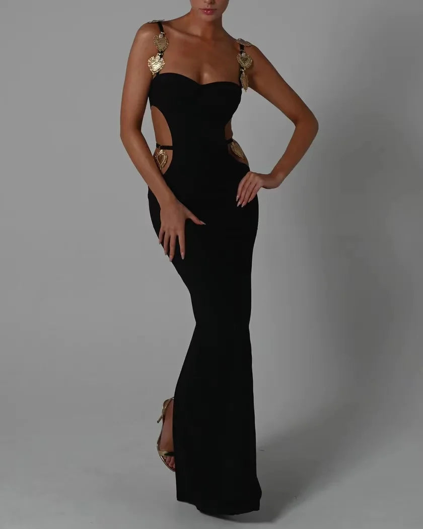 High Quality 3 Colors Women Sleeveless Sexy Sequined Hollow Out Bodycon Long Rayon Bandage Fashion Cocktail Birthday Maxi Dress black