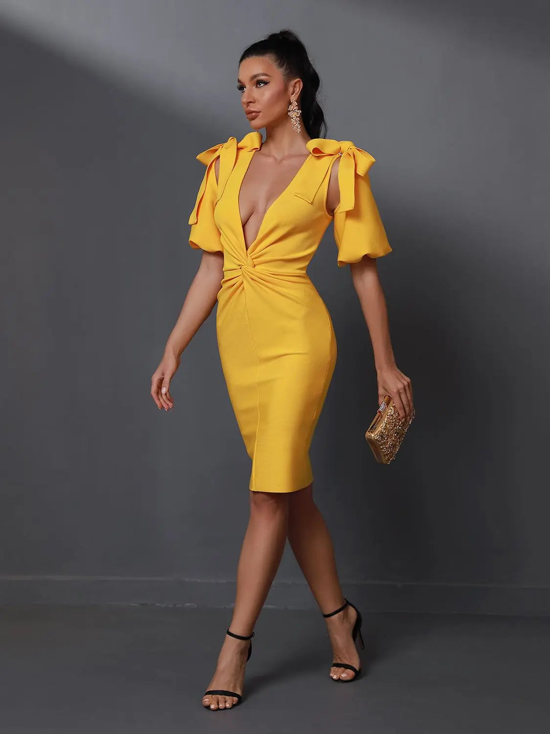 Yellow Bandage Dress Women Sexy Party Dress Bodycon Elegant Draped Deep v Neck Birthday Evening Club Outfits Summer 2023