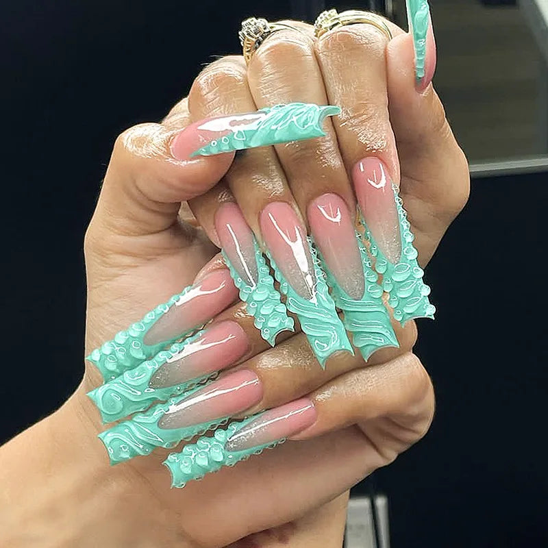 24Pcs Extra Long Square Press on False Nails with Butterfly Design Flowers Bow Pink Full Cover Nails Wearable Fake Nail Manicure