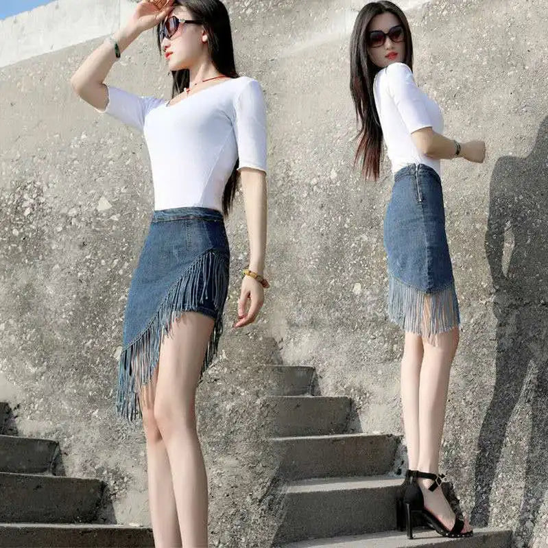 Denim Mini Skirt Women with Shorts Oblique Hem Tassel Summer 2024 Korean Fashion Streetwear Jean Skort Stylish Night Club Outfit 2