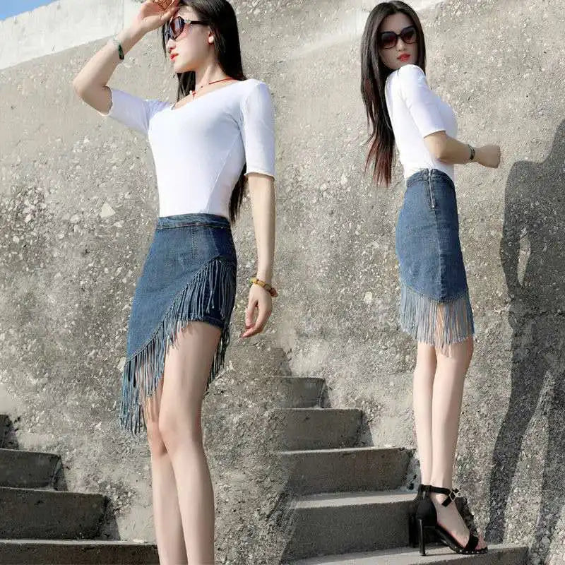 Denim Mini Skirt Women with Shorts Oblique Hem Tassel Summer 2024 Korean Fashion Streetwear Jean Skort Stylish Night Club Outfit 2