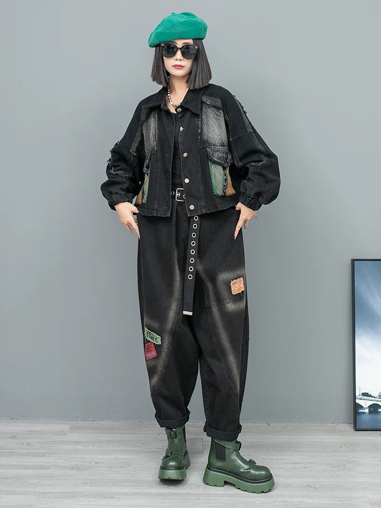 Spring Autumn New Trendy Cool Personality Distressed Long Sleeved Denim Jacket + Harem Pants Two-piece Set Women LX154