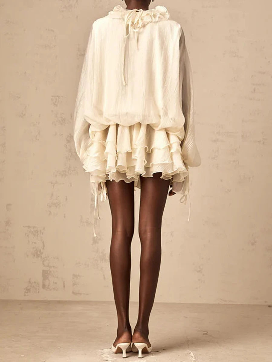 TWOTWINSTYLE Solid Loose Spliced 3D Flowers Dresses for Women V Neck Long Sleeves Patchwork Ruffles Fold Dress Female Clothing