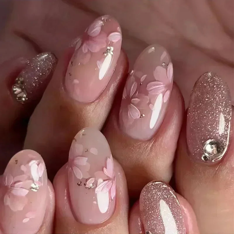 24pcs Short Almond Press on Nails 3D Flower Butterfly Fake Nails with Glue Colorful Natural Acrylic False Nails Full Cover Nails