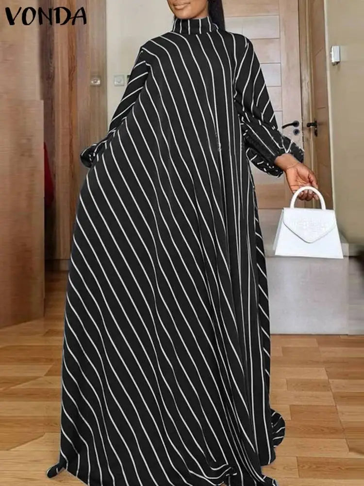 Plus Size 5XL Elegant Striped Maxi Dress Women High Neck Elegant Long Sundress Long Puff Sleeve Printed Vestidos black
