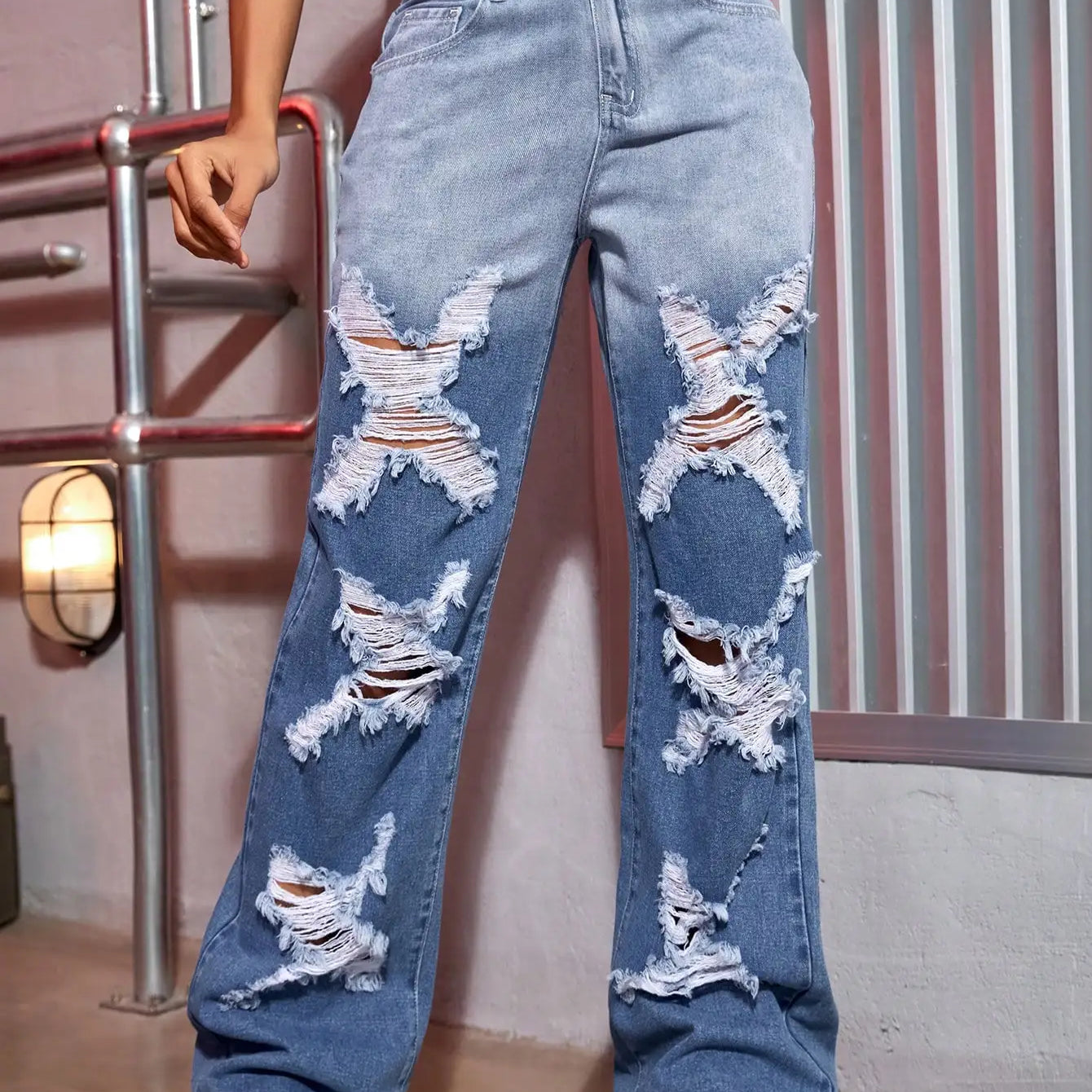Y2K Women Fashion Ripped Jeans Color Contrast Split Shape Wide Leg Denim Trousers Streetwear