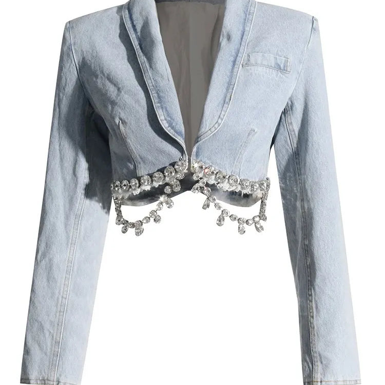 Spliced Diamonds Tassel Denim Two Piece Set For Women Lapel Long Sleeve Coat High Waist Mini Skirt Fashion Set LIGHTBLUE TOP