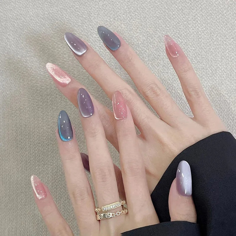 24Pcs French False Nails With Purple Edge  Almond Bow Flower Design Detachable Acrylic Fake Nails Long Stiletto Press On Nails