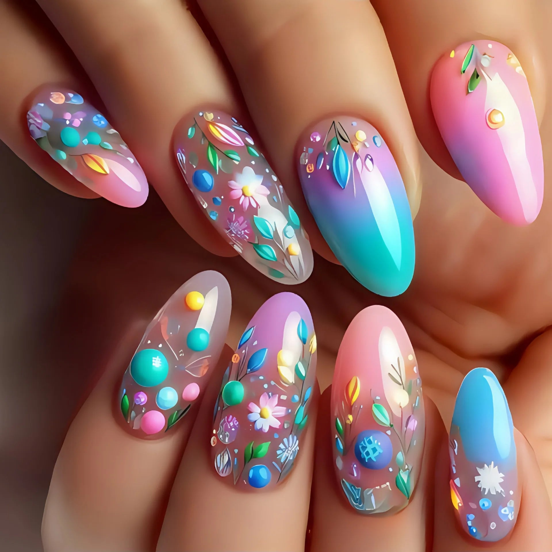 24Pcs Simple Almond Press on Fake Nails with Jelly Glue Fresh Flowers Design French Summer Fashion Acrylic oval Fake Nails Tools