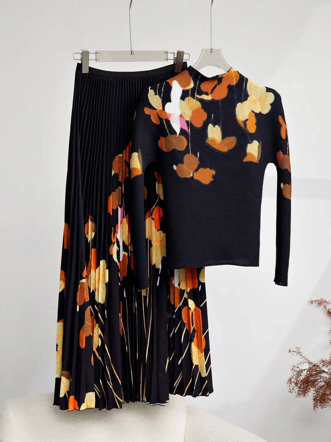 Spring Autumn Runway 2 Pieces Sets Women's Turtleneck Flower Print Stretch Pullover Top+Long Pleated Skirt Suit Female Outfits