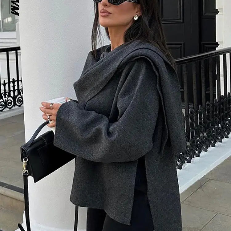 Autumn Short Gray Knitted Cape Coat with Scarf Women Fashion Long Sleeve Loose Cardigan Female Winter Elegant Chic Streetwear
