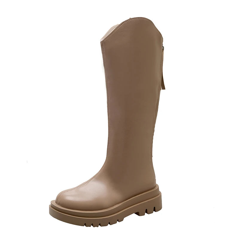 Winter British Round Toe Mid Heel Knight Boots PU Leather Breathable and Simple Versatile Coarse Heel Fashion Boots for Women khaki