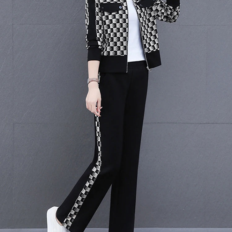 Casual Sweatsuit Women Autumn Fashion Zip up Jacket Coat and Cropped Pants Two Piece Set Plaid Stand Collar Outfits