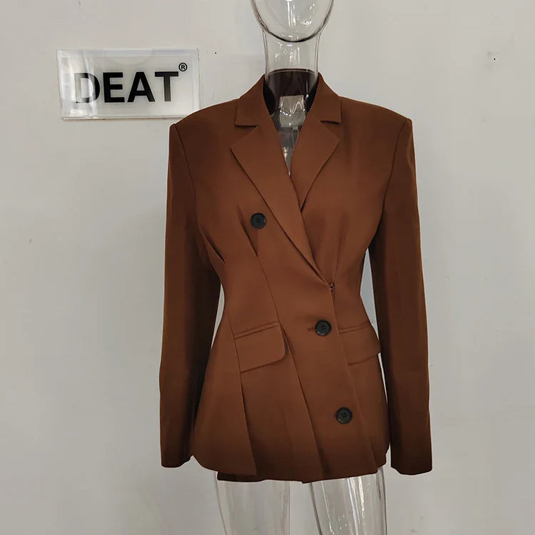 DEAT Fashion Women's Blazer Notched Collar Long Sleeve Diagonal Single Breasted Folds Waist Suit Jacket Spring New 7AB1120 Color Second Batch