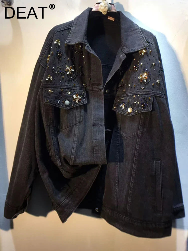 DEAT Women's Denim Coat Wash Black Beading Flowers Diamonds Patchwork Loose Long Sleeve Jackets Summer New Fashion 29L3587