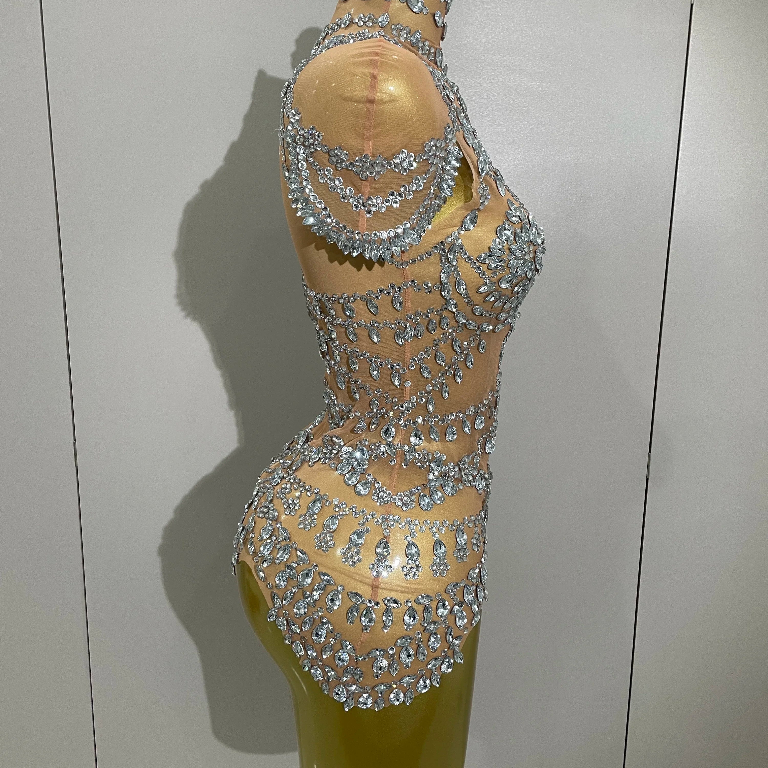 Traje de palco 2025 luxuoso com strass sexy transparente, body para festa noturna, bar, boate, cantor, dançarino, roupa de apresentação