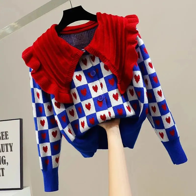Heart-Shaped Plaid Peter pan Collar Acrylic Knitted Long Sleeve Women's Sweater Korean Fashion Chic Single Breasted Cardigan Blue