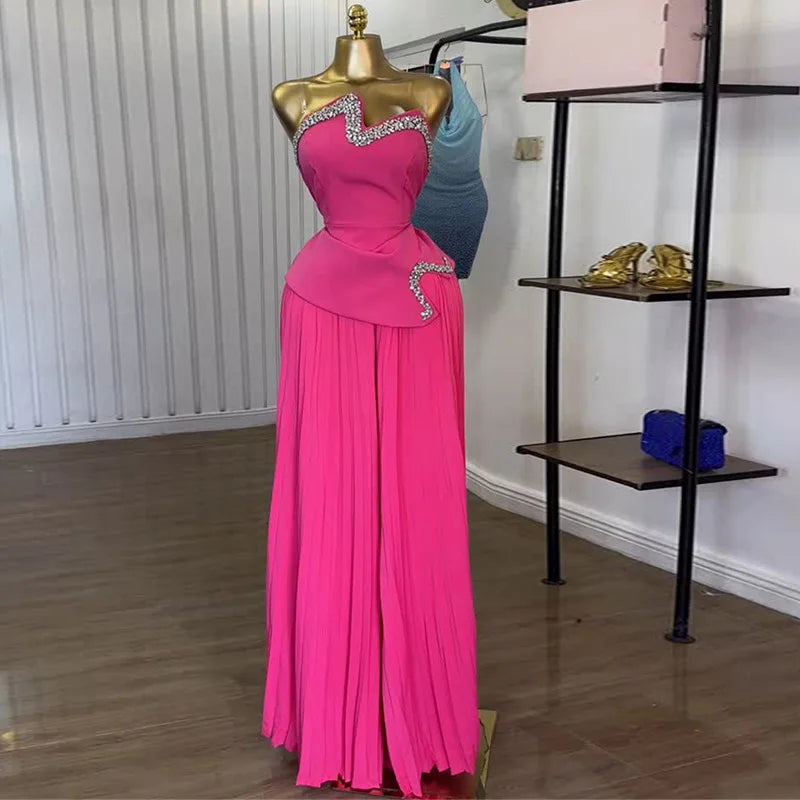 CM.YAYA Women's Set Diamonds Hot Rhinestones Crop Top and Pleated Wide Leg Pants Suit 2025 Two 2 Piece Sets Outfits Tracksuit Rose Red