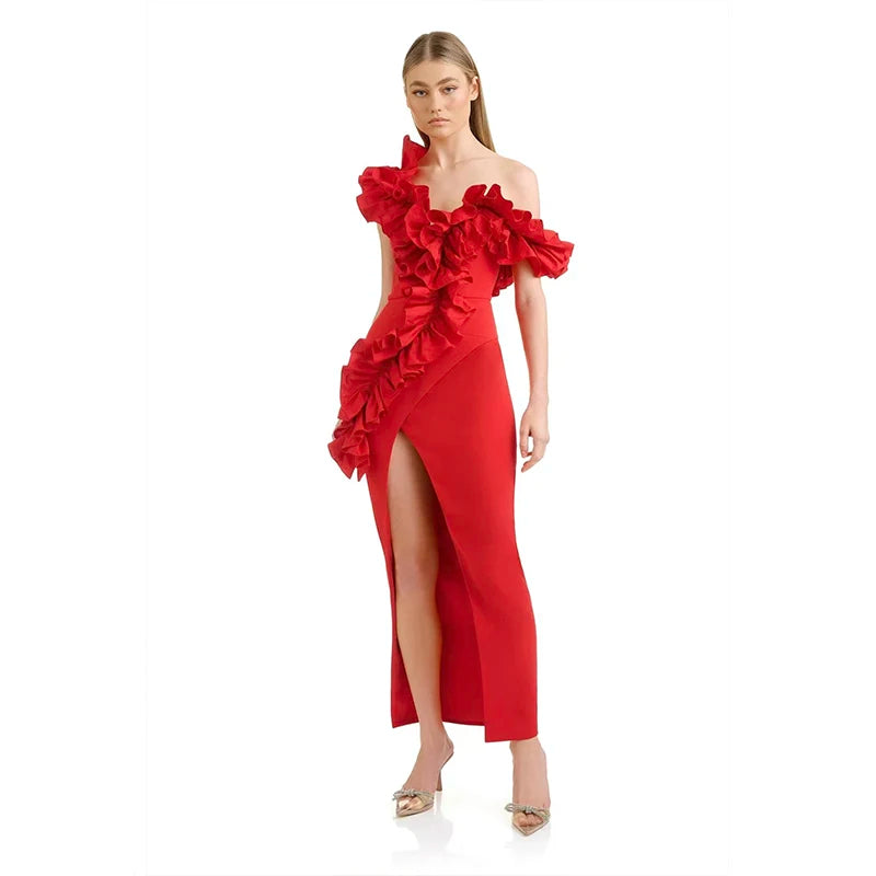 Red Black Color Women Sexy Slash Neck Off the Shoulder Florals Bodycon Long Bandage Dress Fashion Evening Party Dress