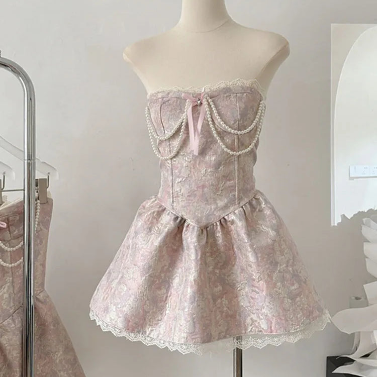 French Elegance Lolita Dress Fashion Sweet Luxury Prom Gown Pearl Chain Party Prom Sleeveless Robe 2000s Aesthetic New Design Pink
