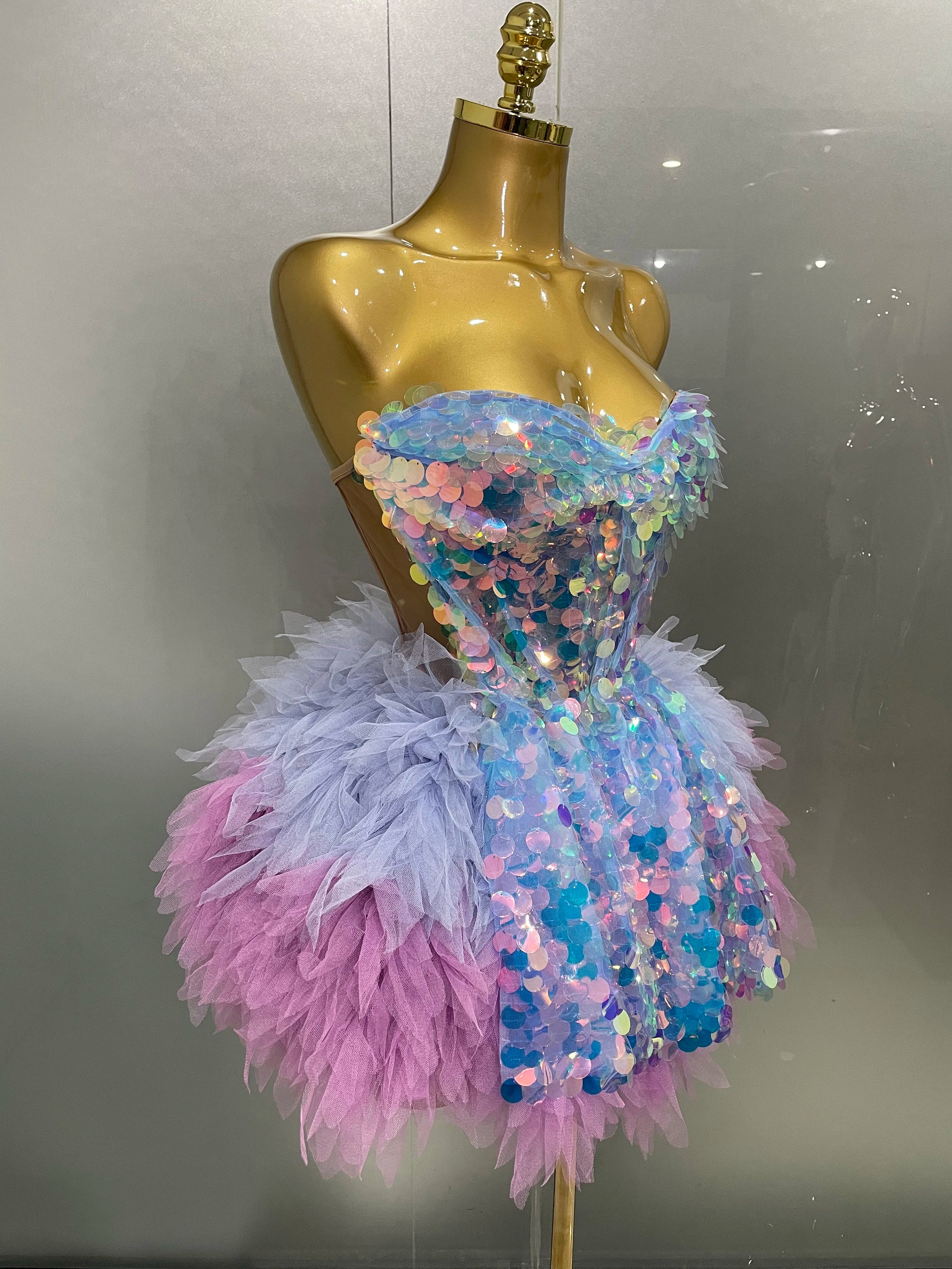 2025 New Stage Costume Women's Sparkly Sequin Mesh A Line Top Skirt 2 Pieces Set Nightclub Party Birthday Dress Photo Shoot Wear